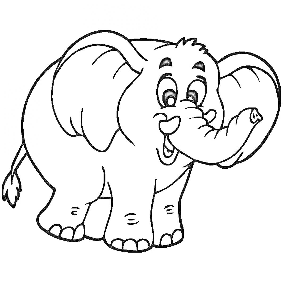 На раскраске изображено: Слоник, Улыбающийся, Большие уши, Мультяшный, Для детей