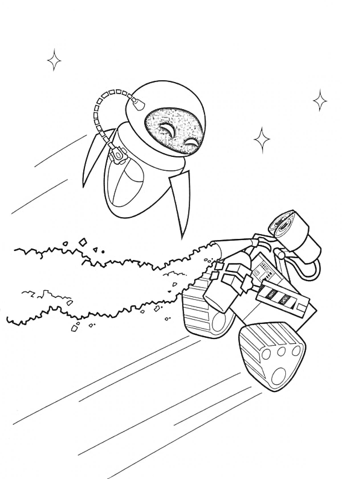 Раскраска Летающий робот ЕВА и Валли, едущий по зарослям с искрами, звездное небо