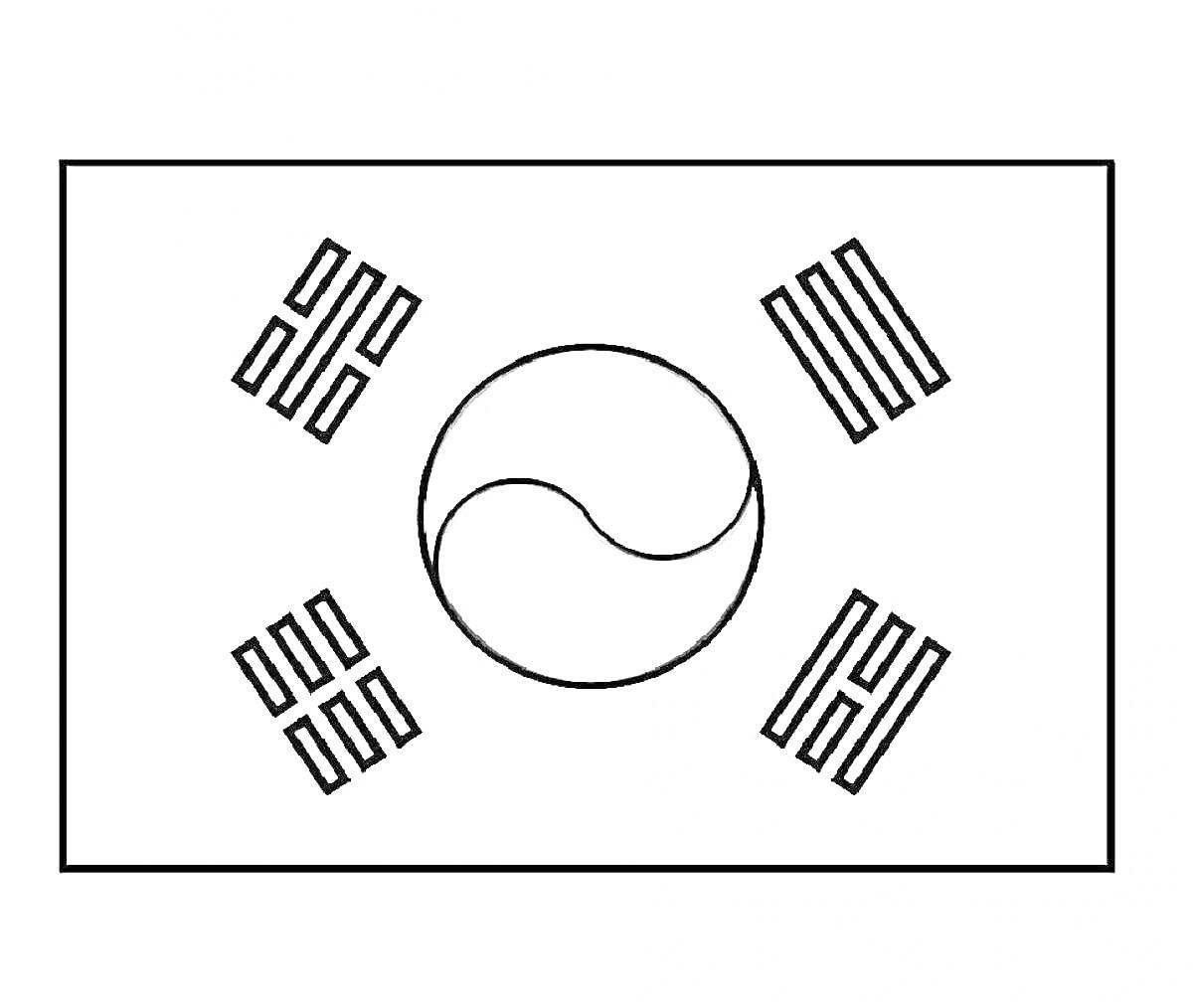 На раскраске изображено: Флаг, Корея, Триграммы, Символы