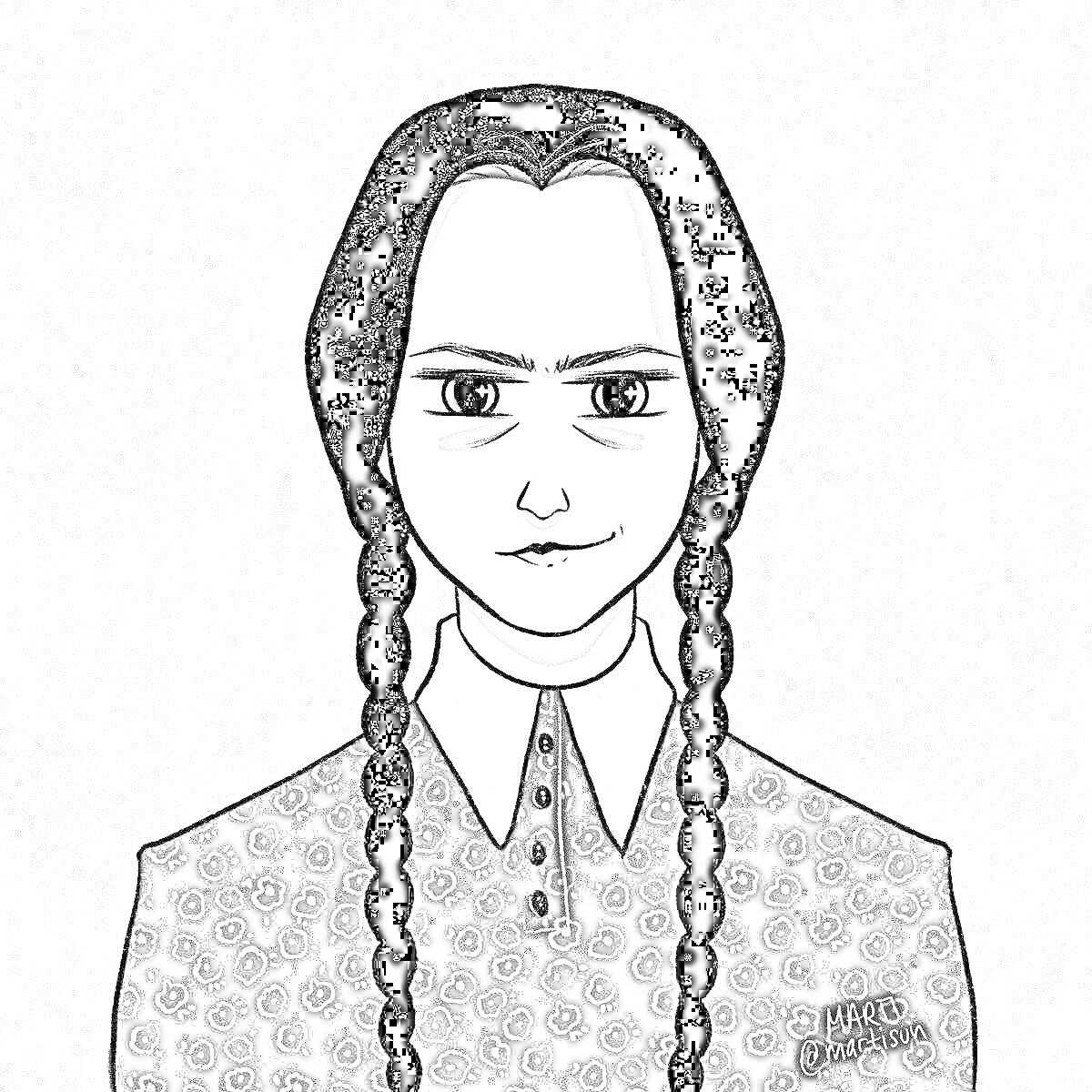 Портрет девушки с длинными косами и строгим выражением лица в сезонном платье с геометрическим узором и белым воротником на сером фоне