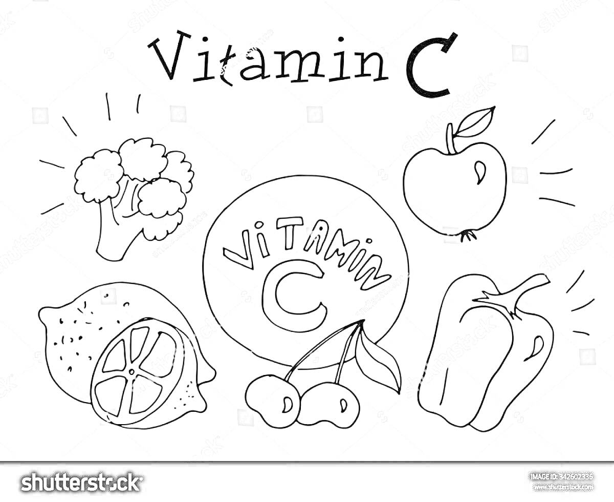 На раскраске изображено: Брокколи, Яблоко, Лимон, Вишня, Болгарский перец, Овощи, Фрукты, Витамины