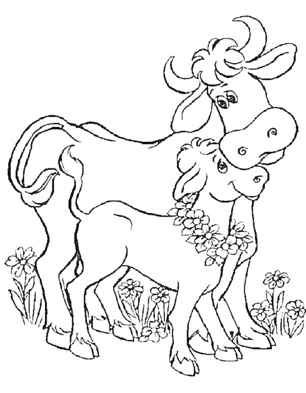 На раскраске изображено: Корова, Теленок, Луг, Цветы, Для детей, Животные