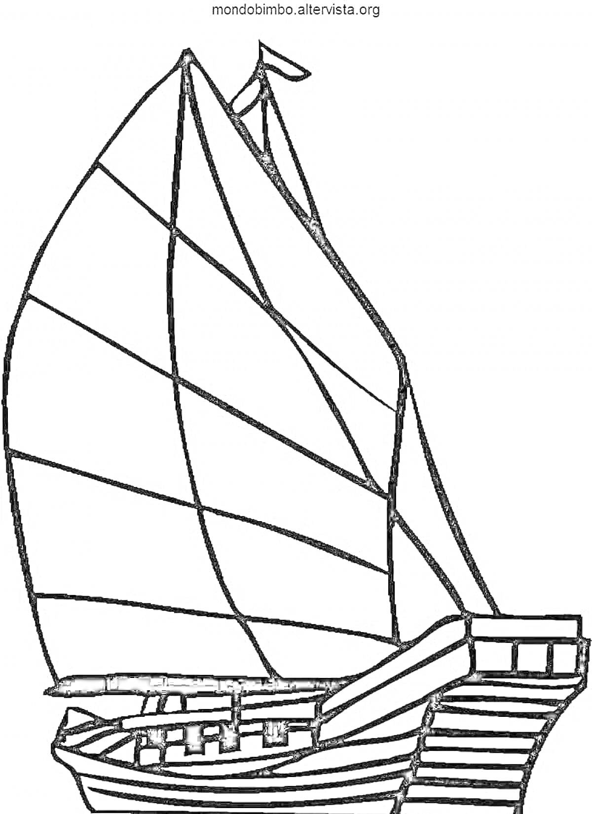 На раскраске изображено: Корабль, Паруса, Флаг, Судно, Морской транспорт