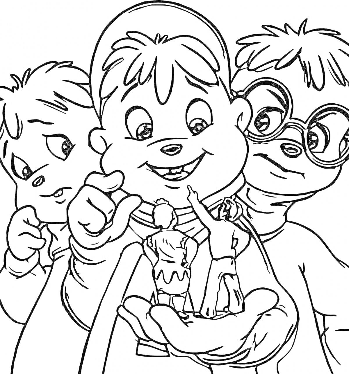 На раскраске изображено: Три персонажа, Очки