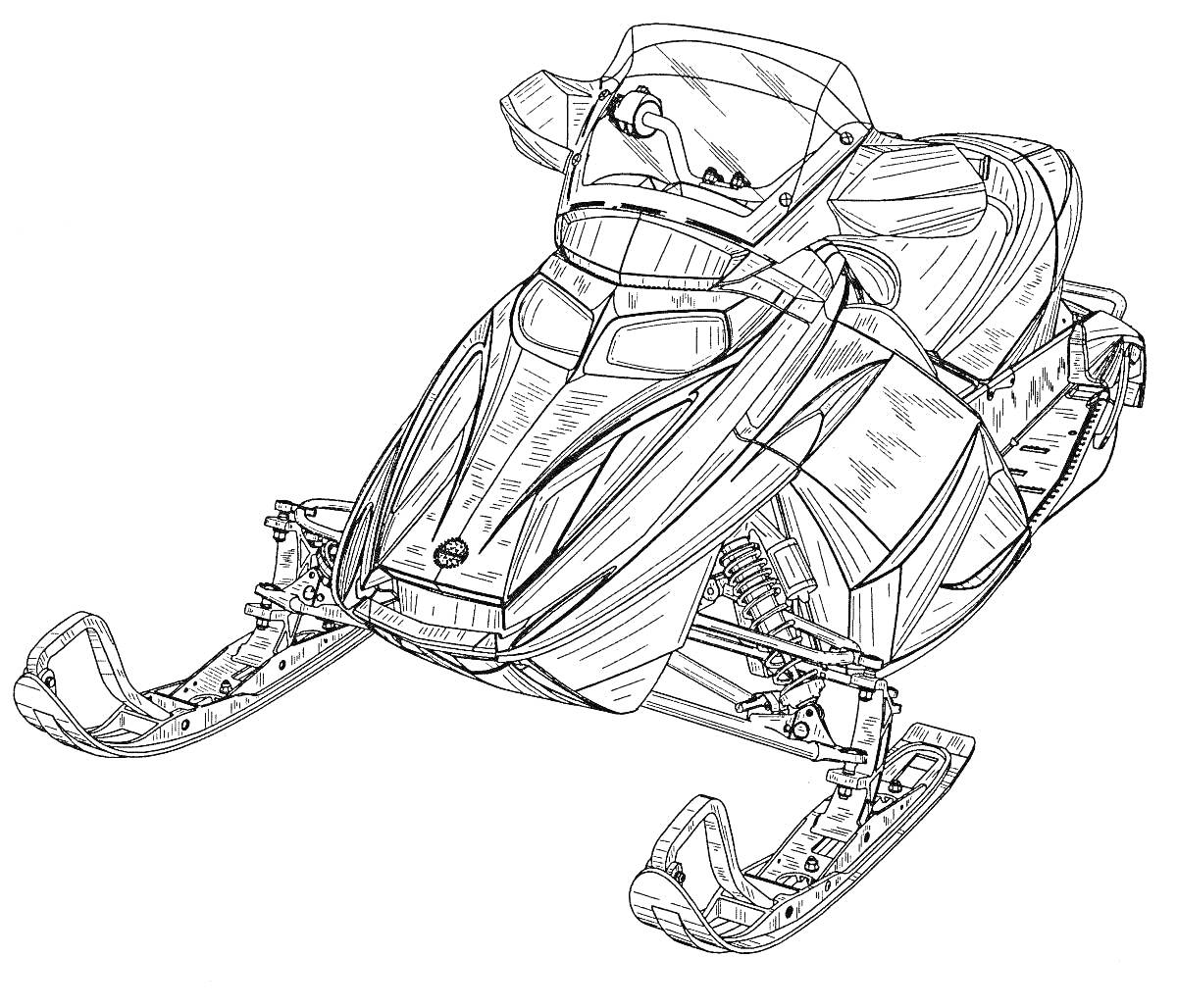 Раскраска Снегоход с высоким ветровым стеклом, сиденьем, боковыми и передними фарами, передними лыжами, узором на боковой панели