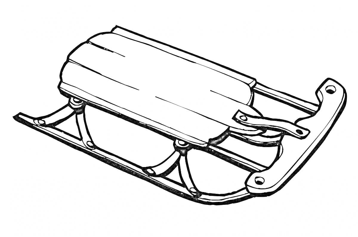 На раскраске изображено: Детские санки, Деревянные санки, Металлические полозья, Зима, Зимние развлечения