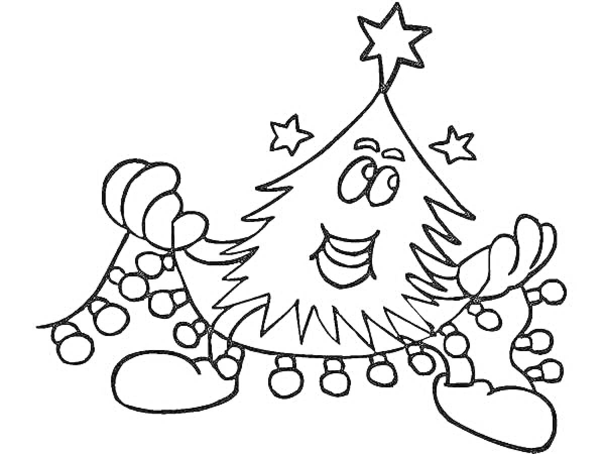 Раскраска Рождественская елка с гирляндой, звездами и перчатками