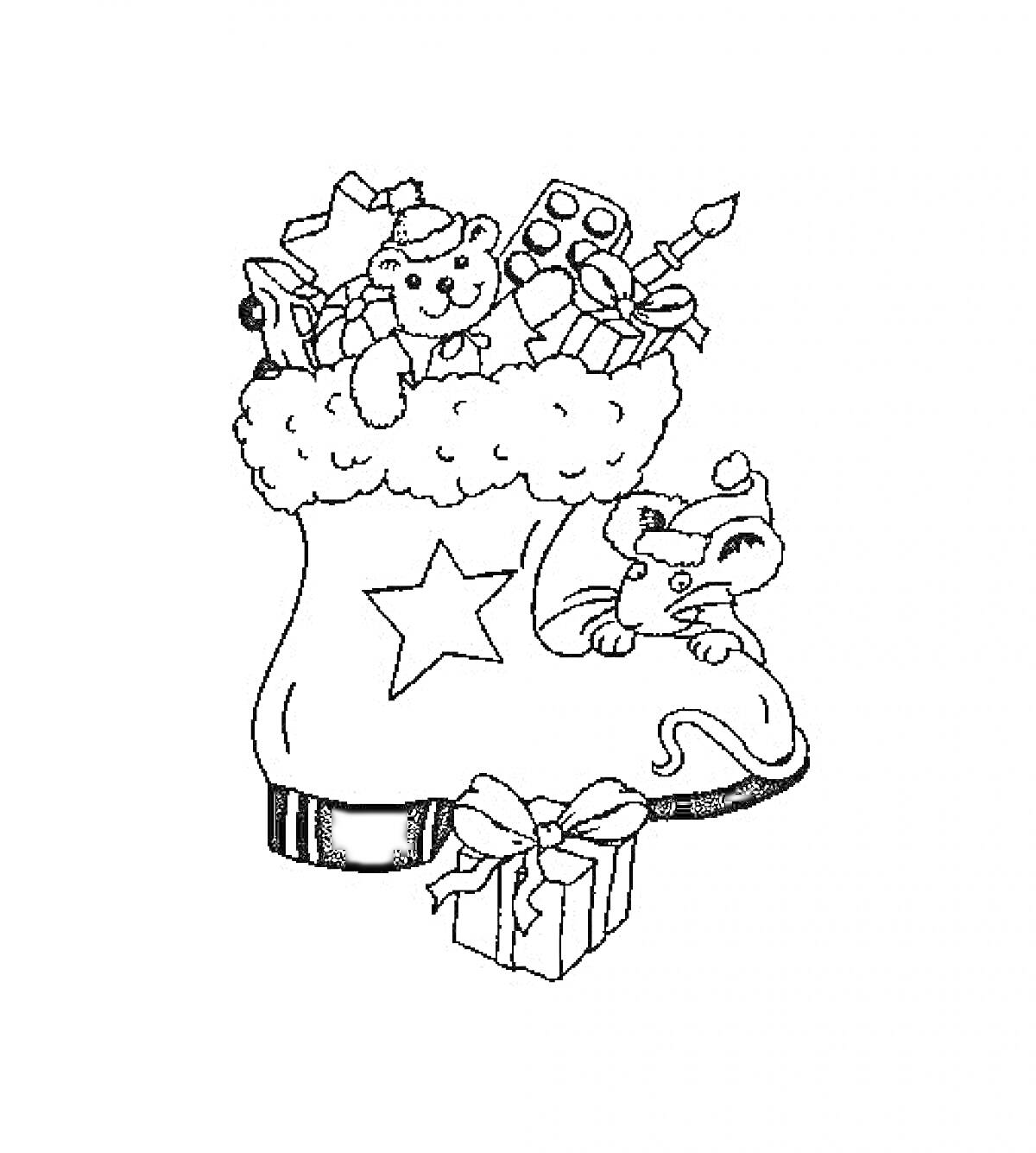 На раскраске изображено: Рождество, Игрушки, Подарки, Елочные украшения, Носки, Медведь, Мышь, Праздники
