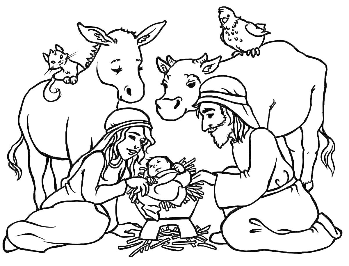 Раскраска Рождество Христово: Мария, Иосиф, младенец Иисус в яслях, осел, корова, голубь, овечка