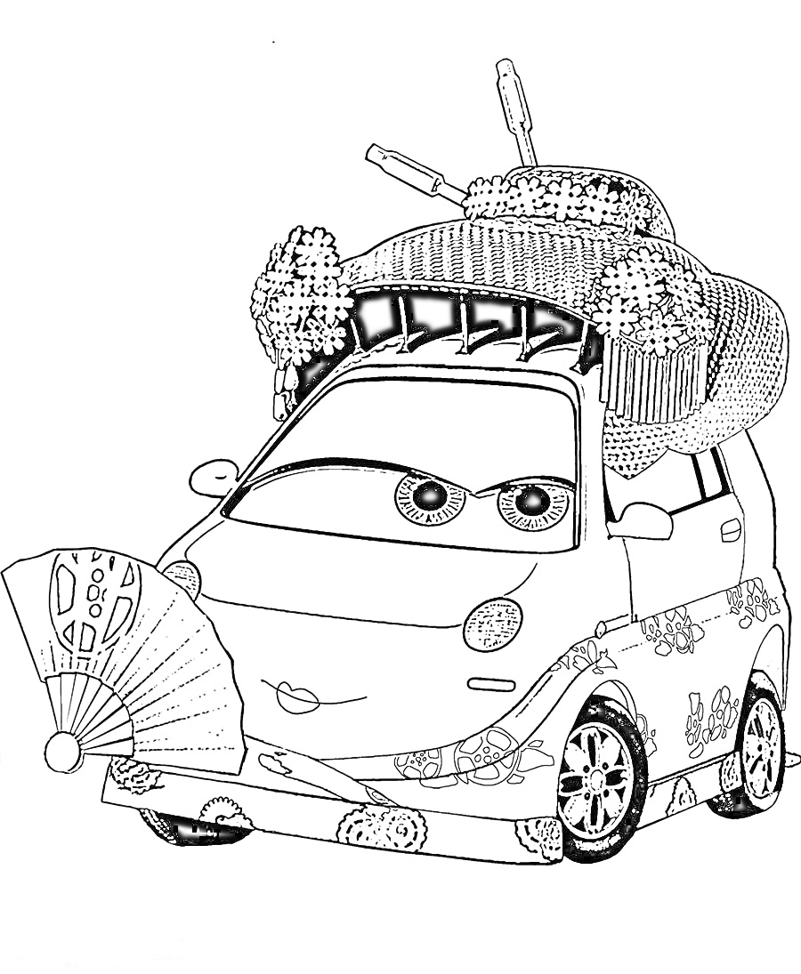 Машина в японском стиле с веером, в традиционном головном уборе с цветами
