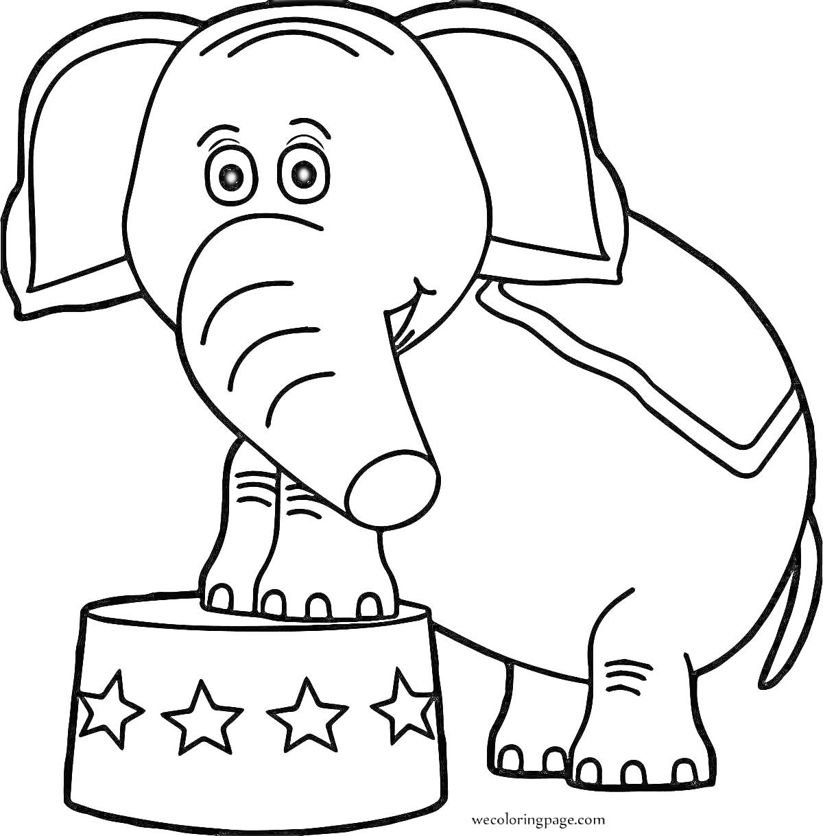 На раскраске изображено: Слон, Цирк, Тумба, Звезды, Животные, Представление, Художество, Сцены