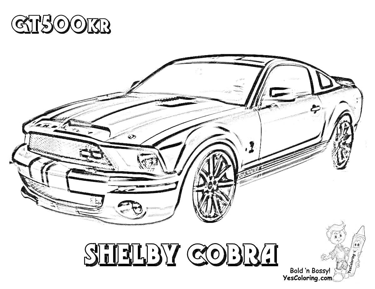 Раскраска Shelby Cobra GT500KR, автомобиль с полосами, надпись GT500KR