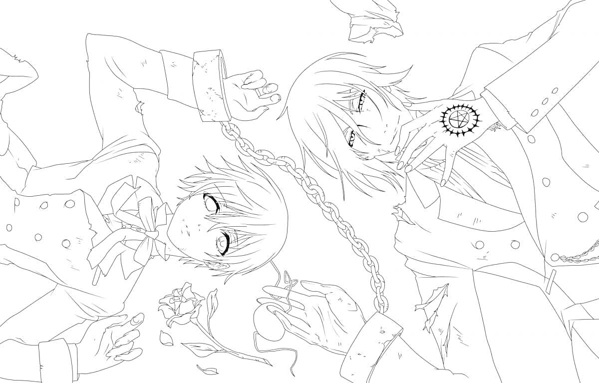 На раскраске изображено: Аниме, Яой, Два персонажа, Цепь, Карманные часы, Цветы