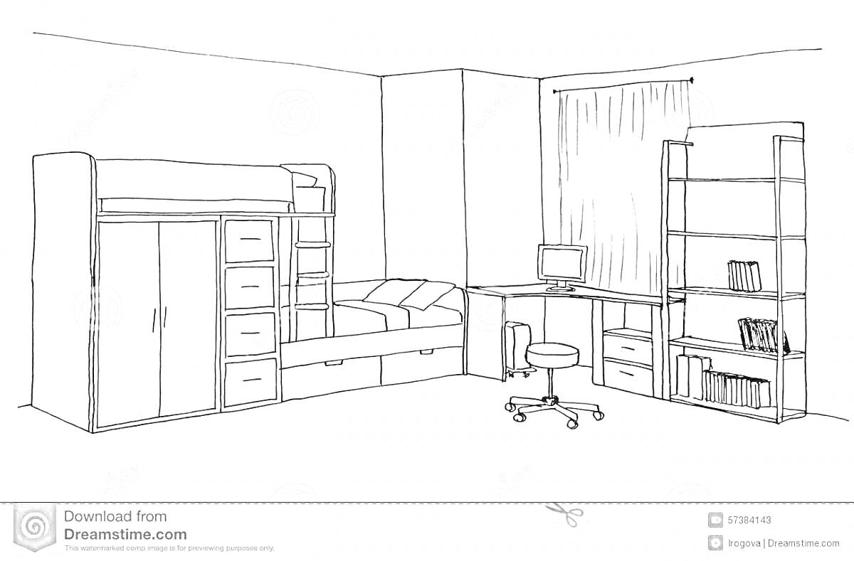 На раскраске изображено: Двухъярусная кровать, Компьютерный стол, Стеллажи, Стул, Комната, Мебель, Домашняя обстановка