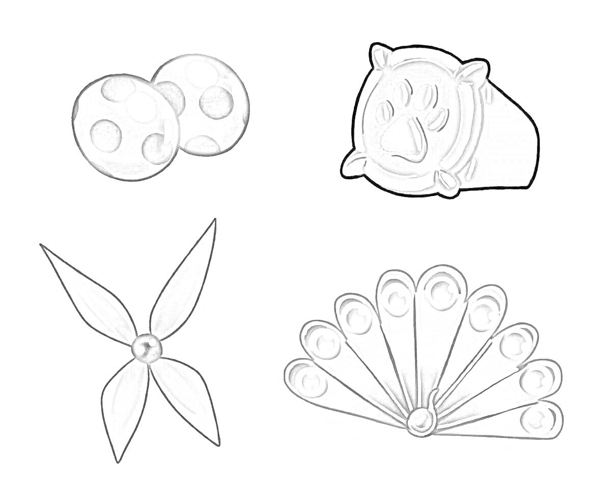 Раскраска Талисманы с павлином - браслет с шариками, кольцо с изображением павлина, значок с четырьмя крыльями, значок с павлиньим пером