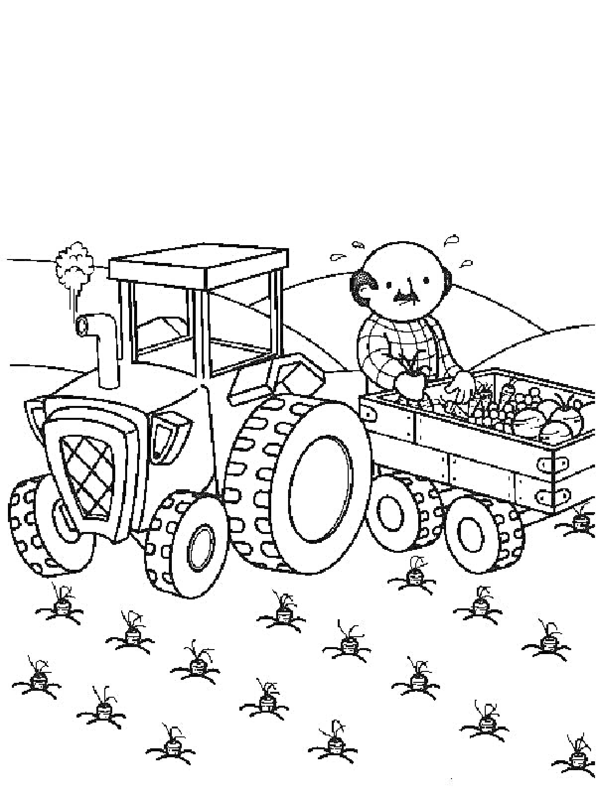 Раскраска Трактор с прицепом, фермер, урожай, муравьи