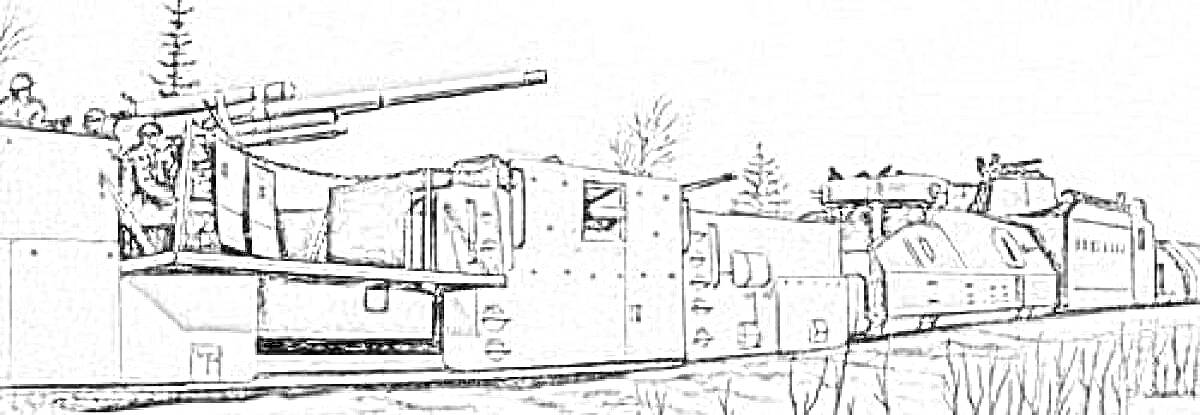 Раскраска Бронепоезд с пушками на железнодорожных вагонах в зимнем лесу
