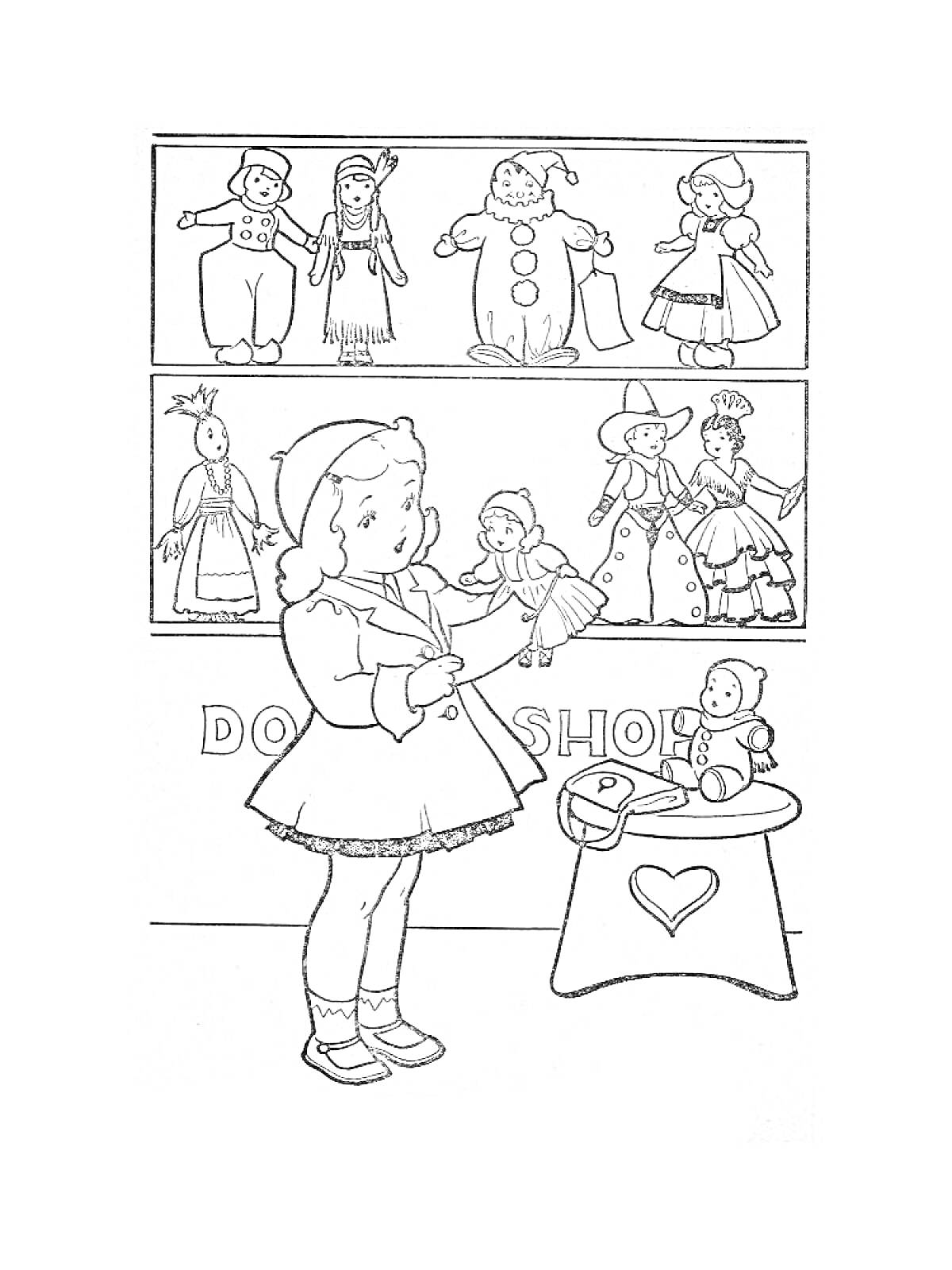 На раскраске изображено: Магазин игрушек, Девочка, Витрина, Игрушки, Кукла