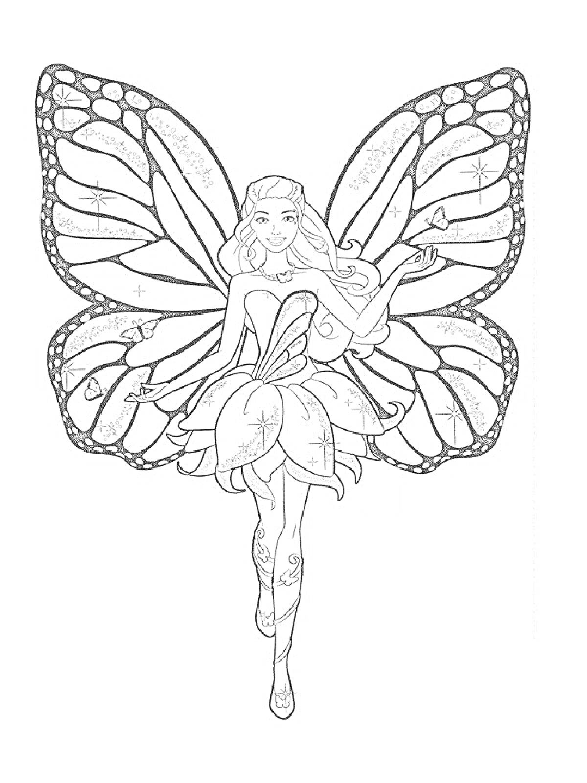 Раскраска Барби с крыльями феи, в платье из лепестков, стоящая на одной ноге