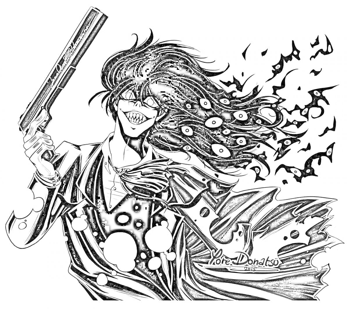 На раскраске изображено: Человек бензопила, Аниме, Персонаж, Пистолет, Длинные волосы, Плащ, Глаза, Летучая мышь