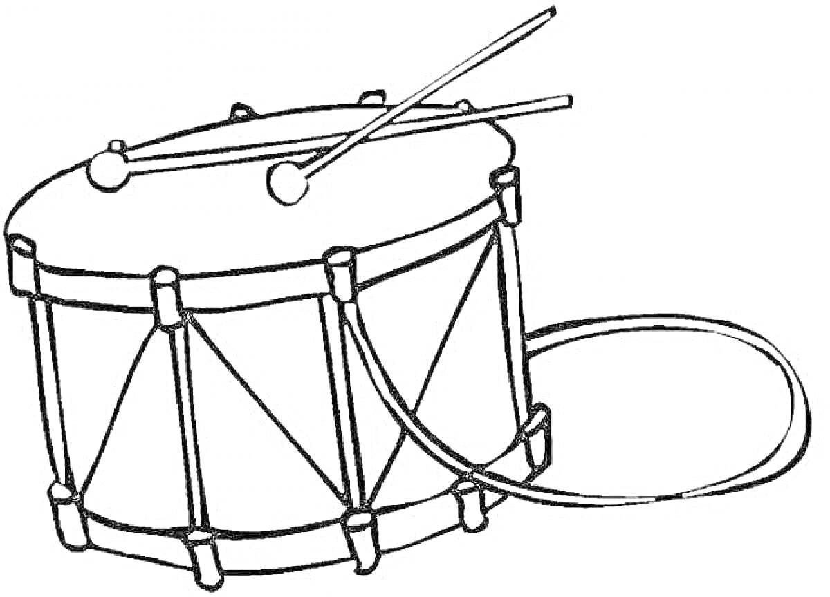 На раскраске изображено: Барабан, Ремень, Музыкальные инструменты, Для детей, Палочка