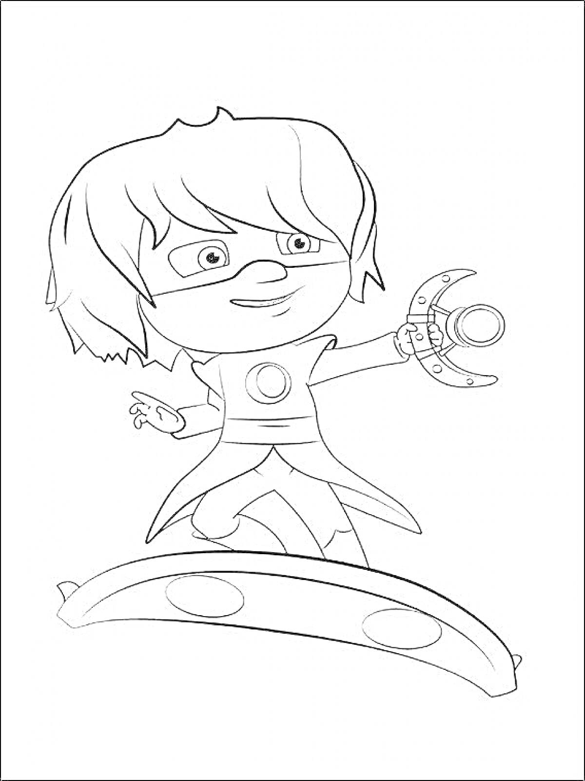 Раскраска Супергерой с длинными волосами и маской, использующий летающий диск и наручное устройство