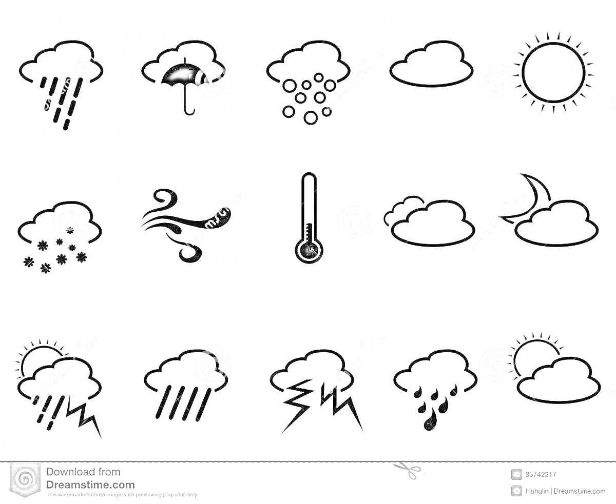 На раскраске изображено: Дождь, Зонт, Снег, Облака, Солнце, Град, Ветер, Термометр, Луна, Тучи, Гроза