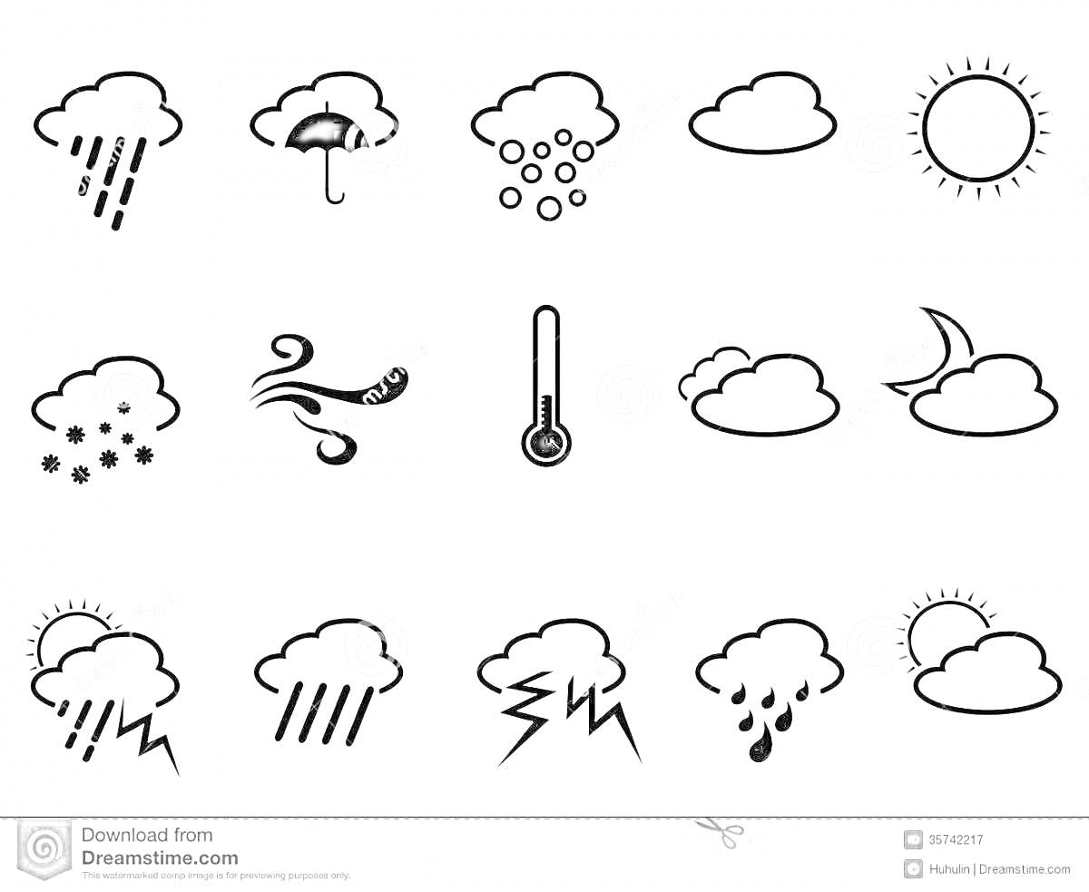 Раскраска Дождь, дождь с зонтом, снег с дождем, облака, солнце, град, ветер, термометр, облака с луной, тучи, дождь с грозой, дождь, облака с солнцем