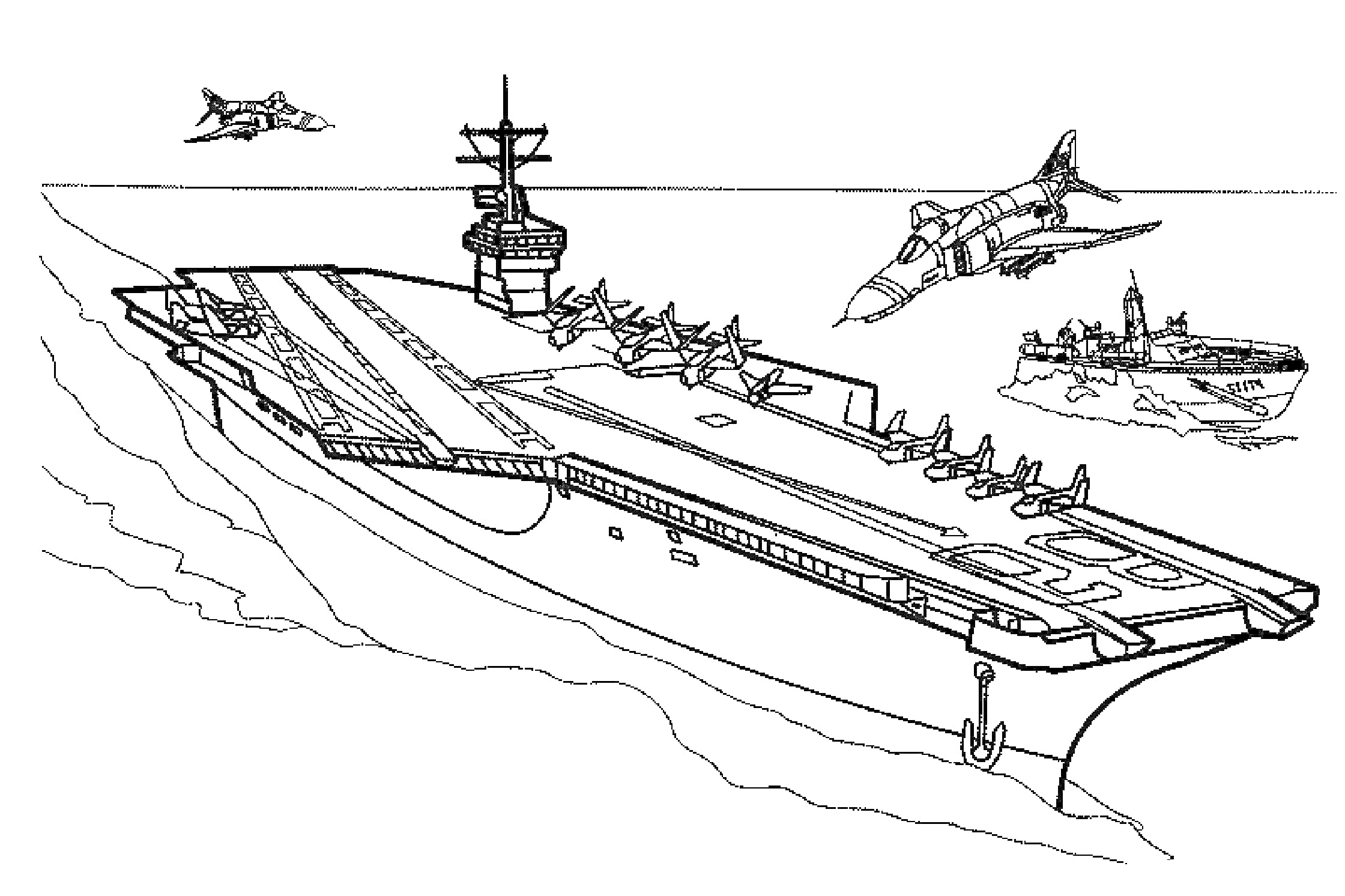 На раскраске изображено: Истребитель, Море, Военный корабль, Палуба, Полет, Небо, Океаны, Самолеты