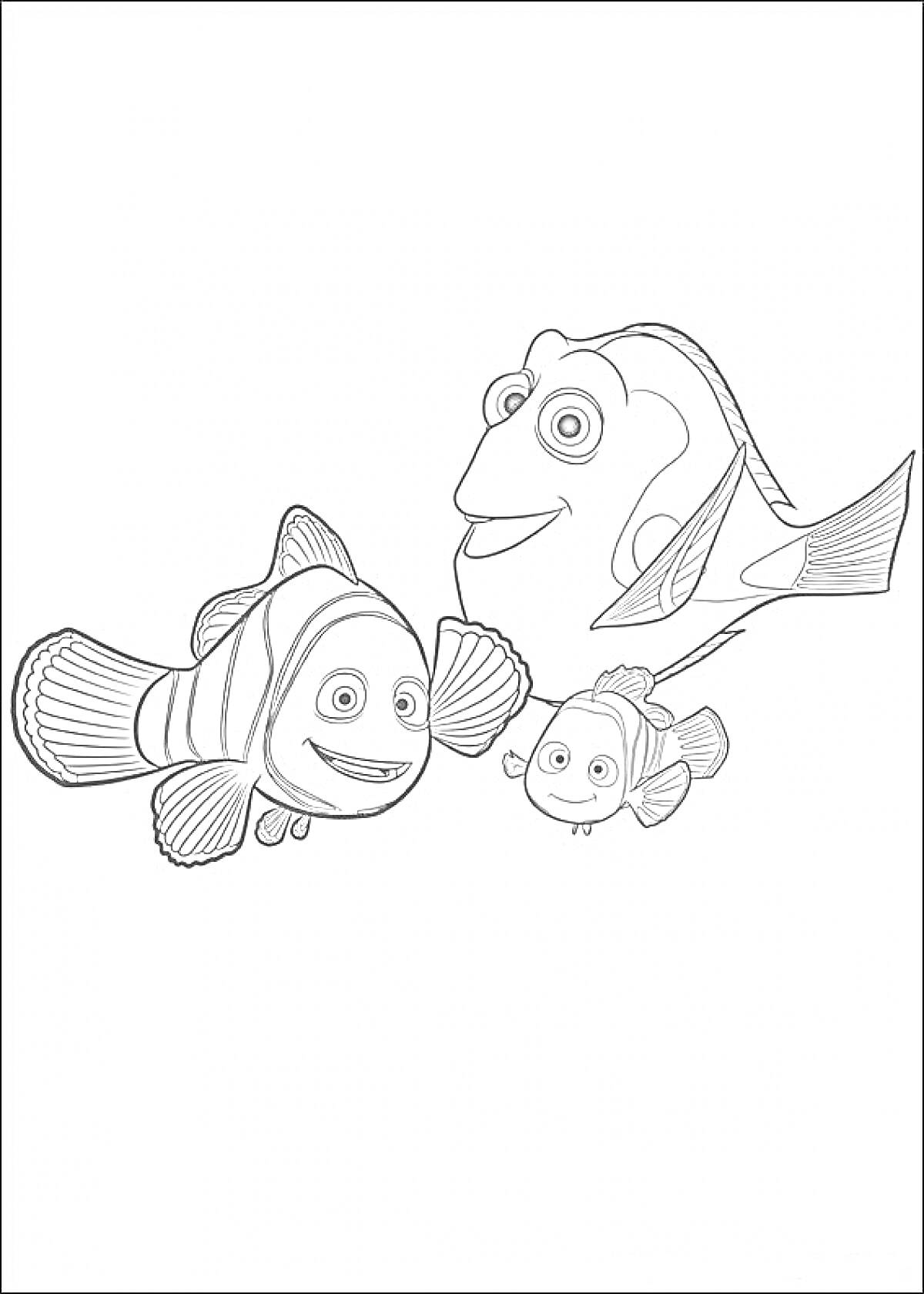 Раскраска Дори и два рыбки-клоуна из мультфильма 