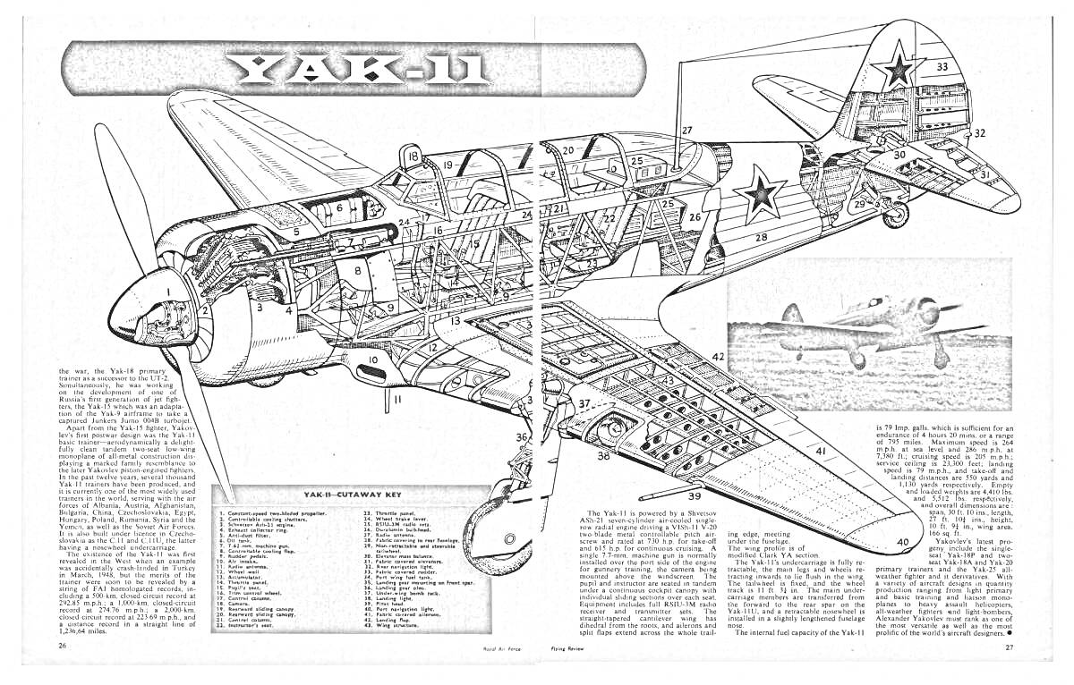 Раскраска Схематическое изображение самолета ЯК-11, включая детали конструкции, разобранные элементы и фотографию самолета на взлетной полосе