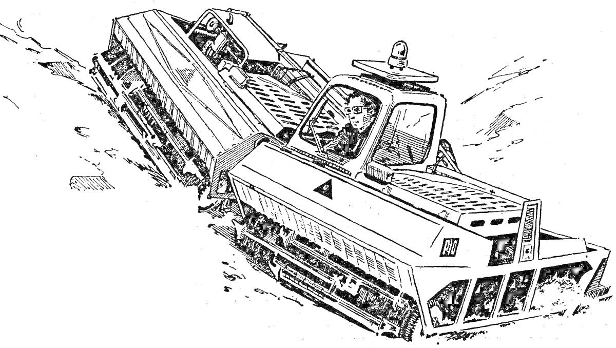 Раскраска ратрак на склоне с водителем в кабине, едет по снегу, с видимыми деталями техники