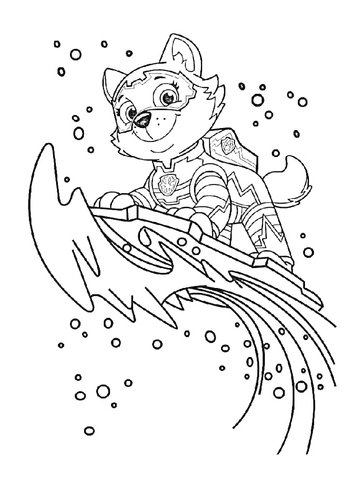 Щенок на доске для серфинга в супергеройском костюме с эмблемой и фон в виде пузырей