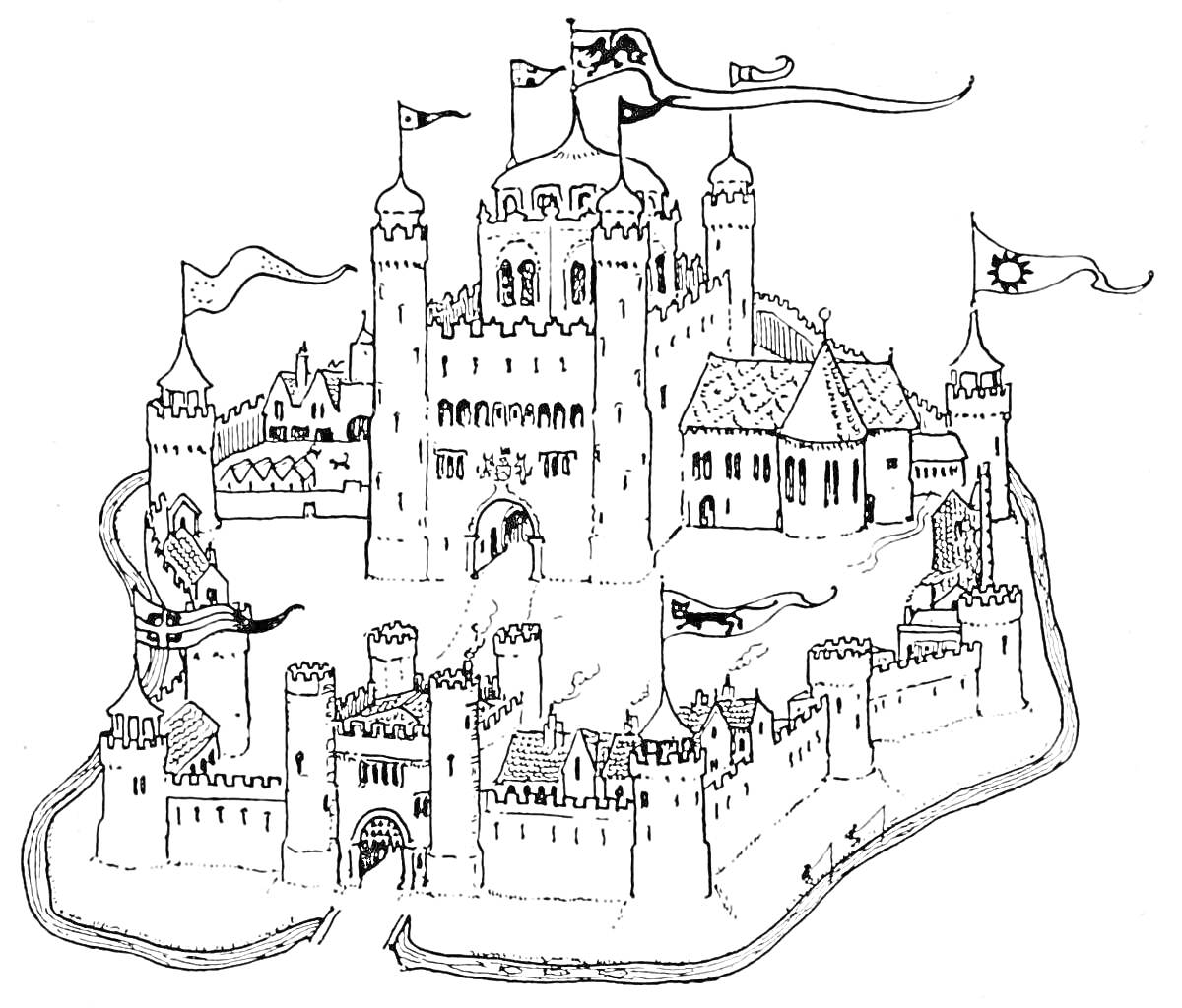 Раскраска Старый замок с башнями, стенами, воротами и флагами