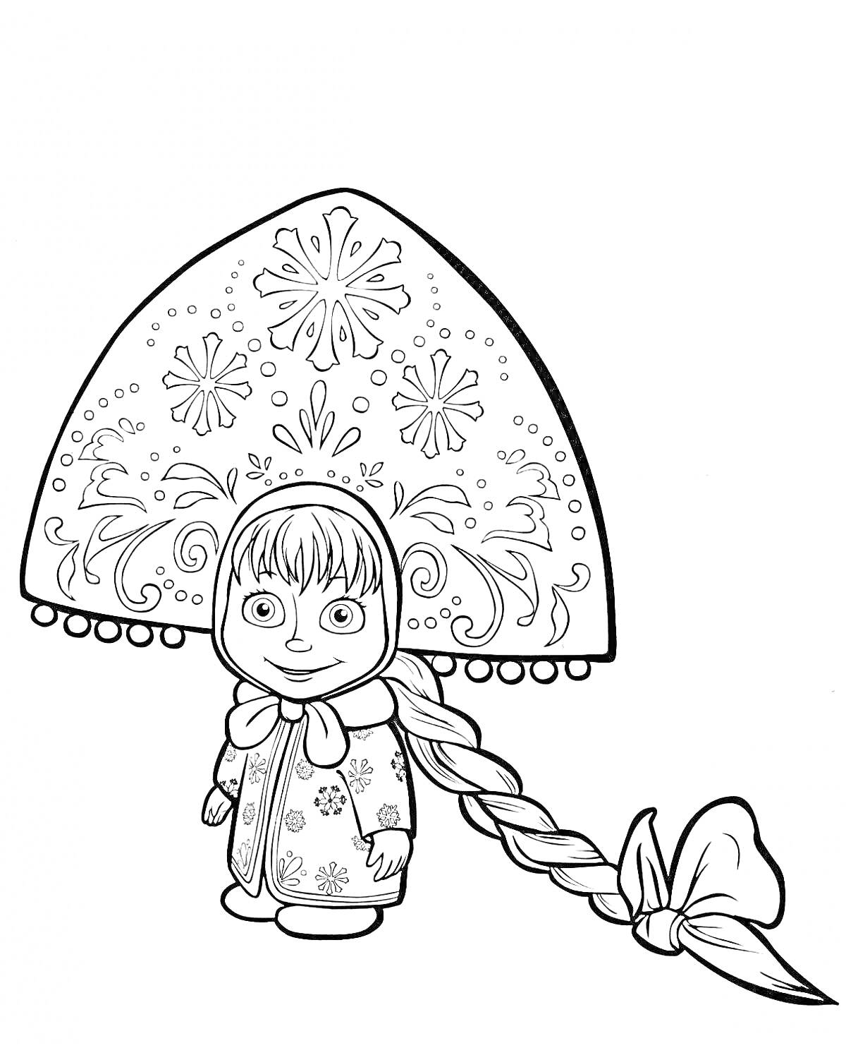 Раскраска Маша с косой в традиционном русском головном уборе с узорами