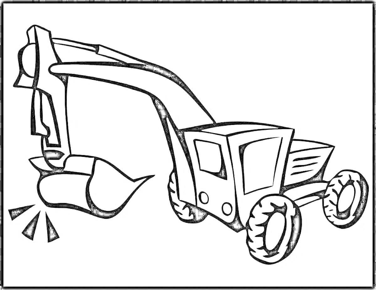 Раскраска Экскаватор-погрузчик с ковшом и колесами