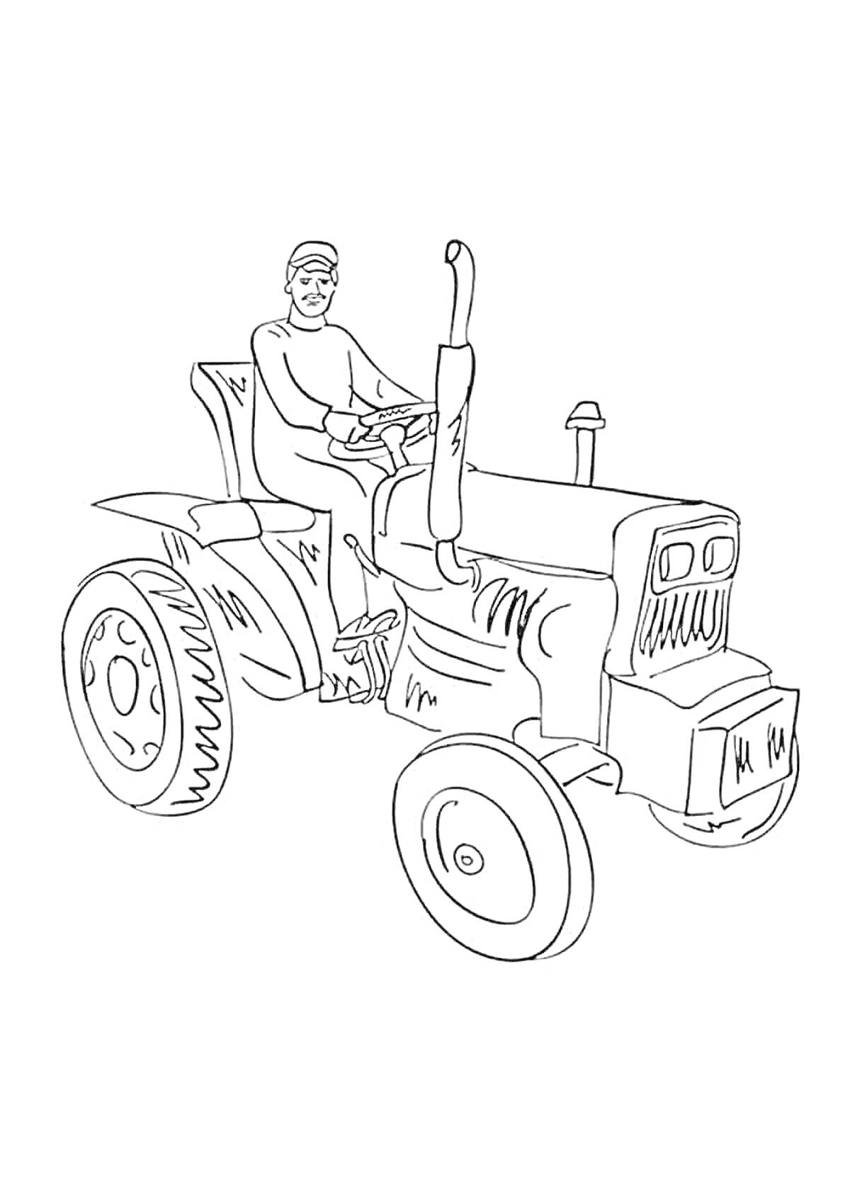 Раскраска Человек, управляющий мотоблоком с большими колесами и выхлопной трубой