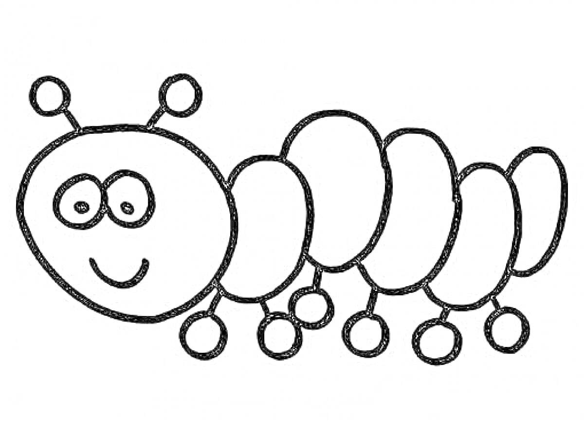 Раскраска Гусеница с улыбающимся лицом и антеннами