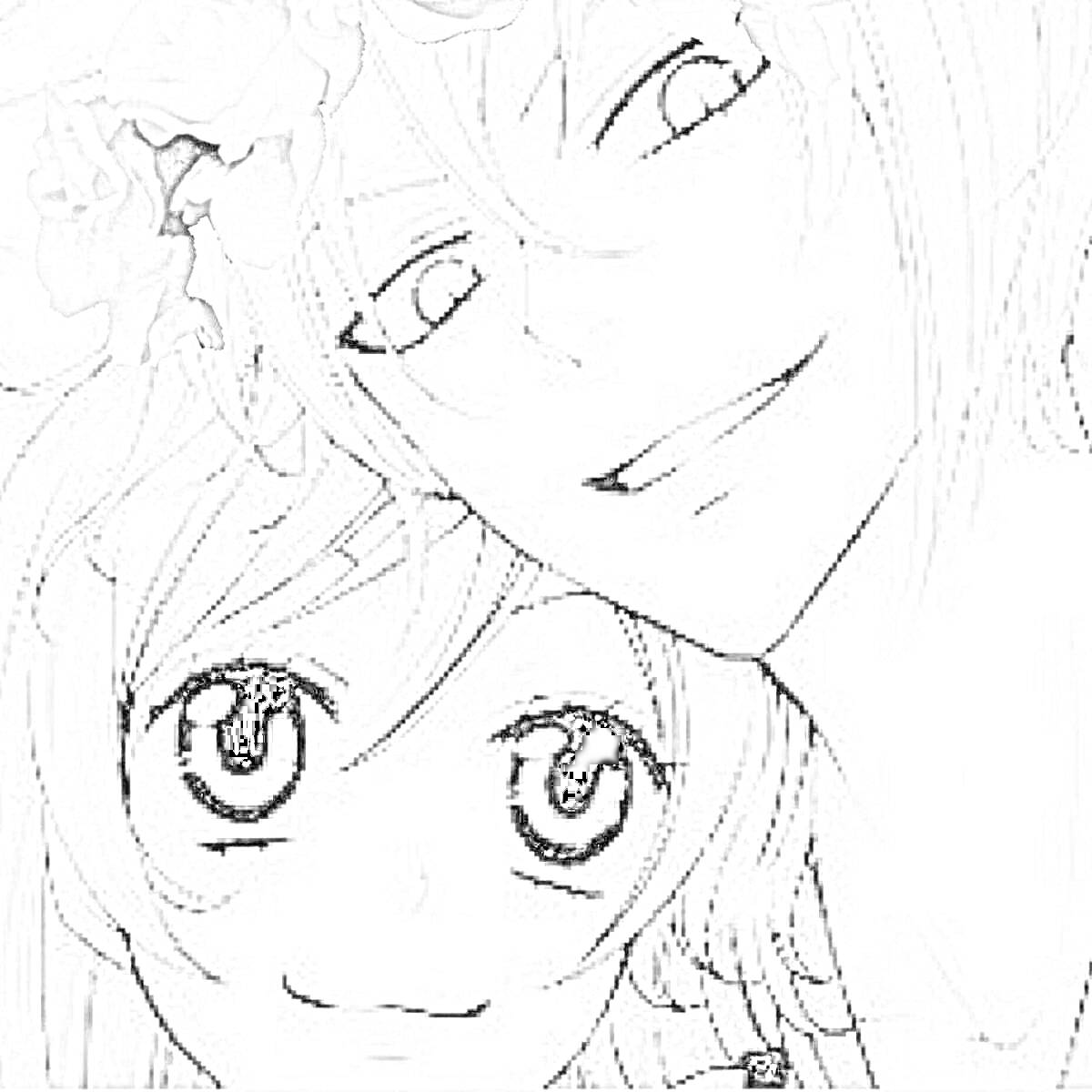 Раскраска Два персонажа из аниме, улыбающиеся, с венком из цветов на голове у одного из них
