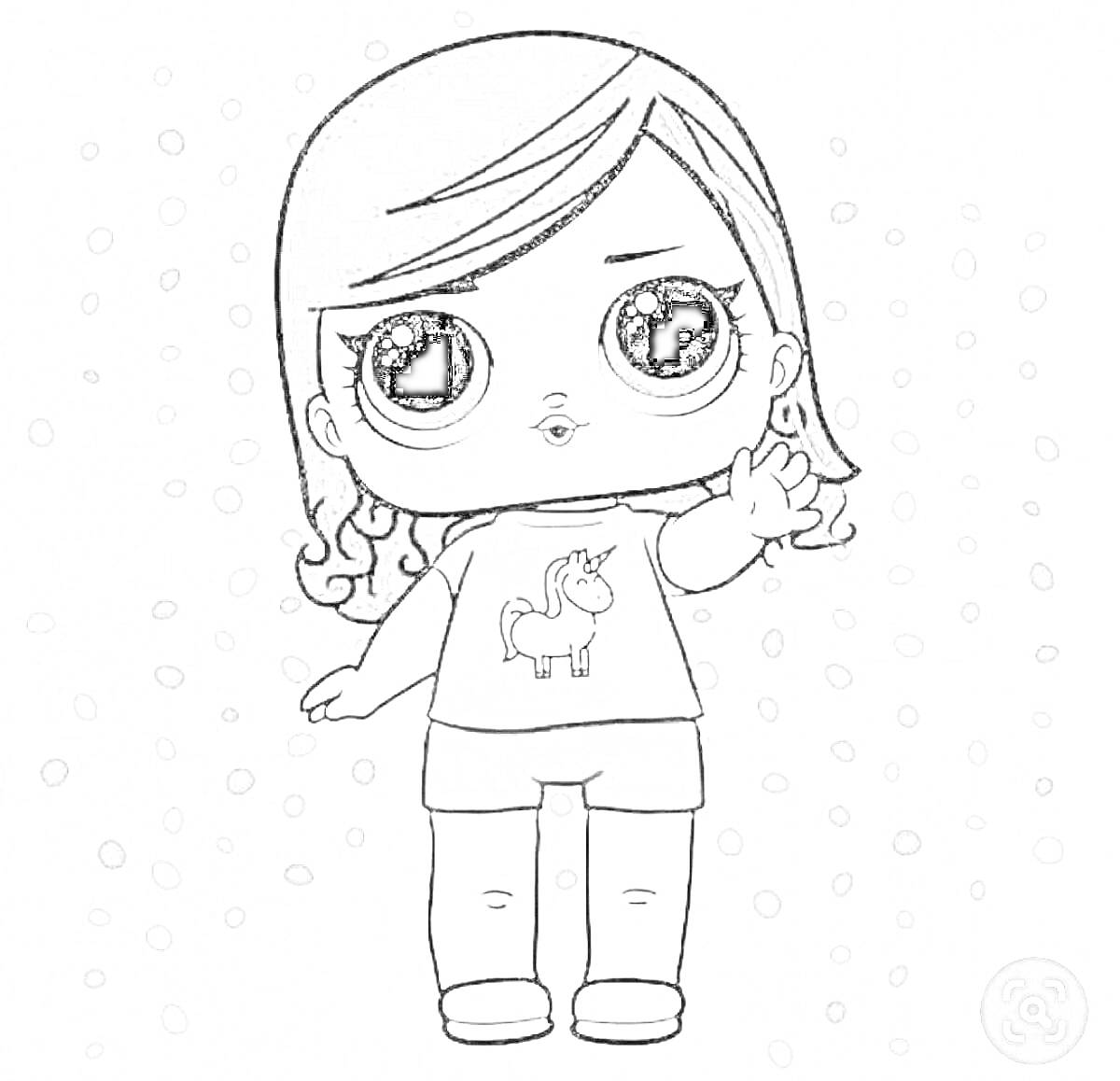 Раскраска Девочка ЛОЛ с длинными волосами, футболка с единорогом, шорты, поднятая рука, узор из точек на заднем плане