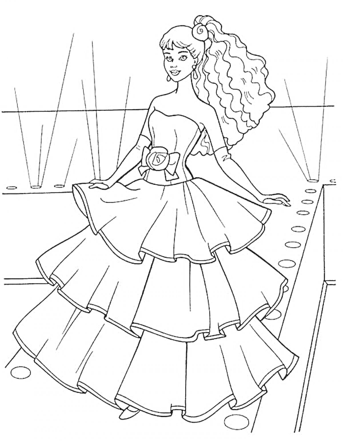 На раскраске изображено: Пышное платье, Подиум, Прожекторы, Длинные волосы, Мода, Кукла