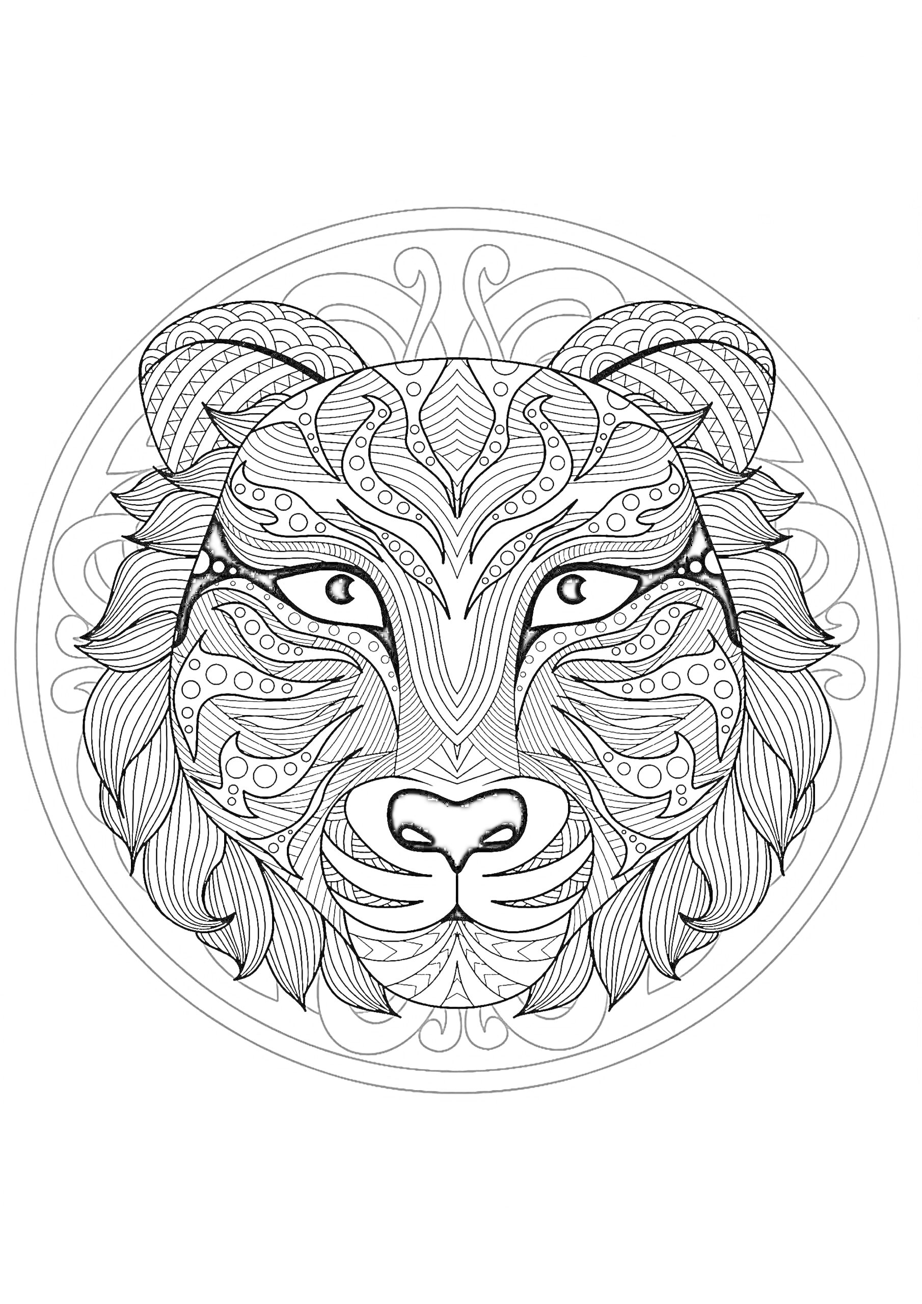 Раскраска Антистресс раскраска, детализированная морда тигра в круге с узорами