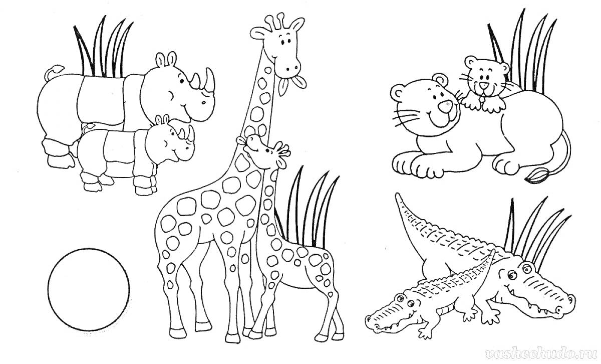На раскраске изображено: Носороги, Жирафы, Львы, Крокодилы, Жара, Животные, Дошкольники, Природа, Трава