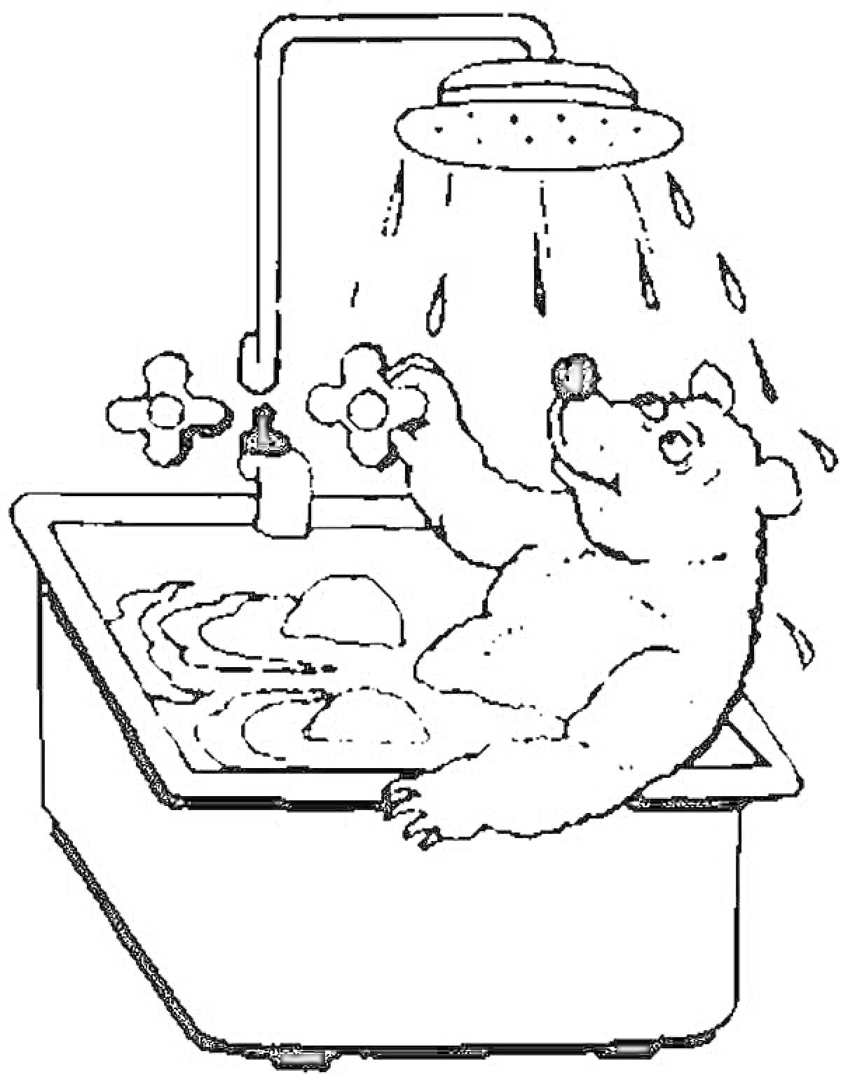 На раскраске изображено: Медведь, Душ, Ванна, Вода, Мыло, Купание, Ванная комната