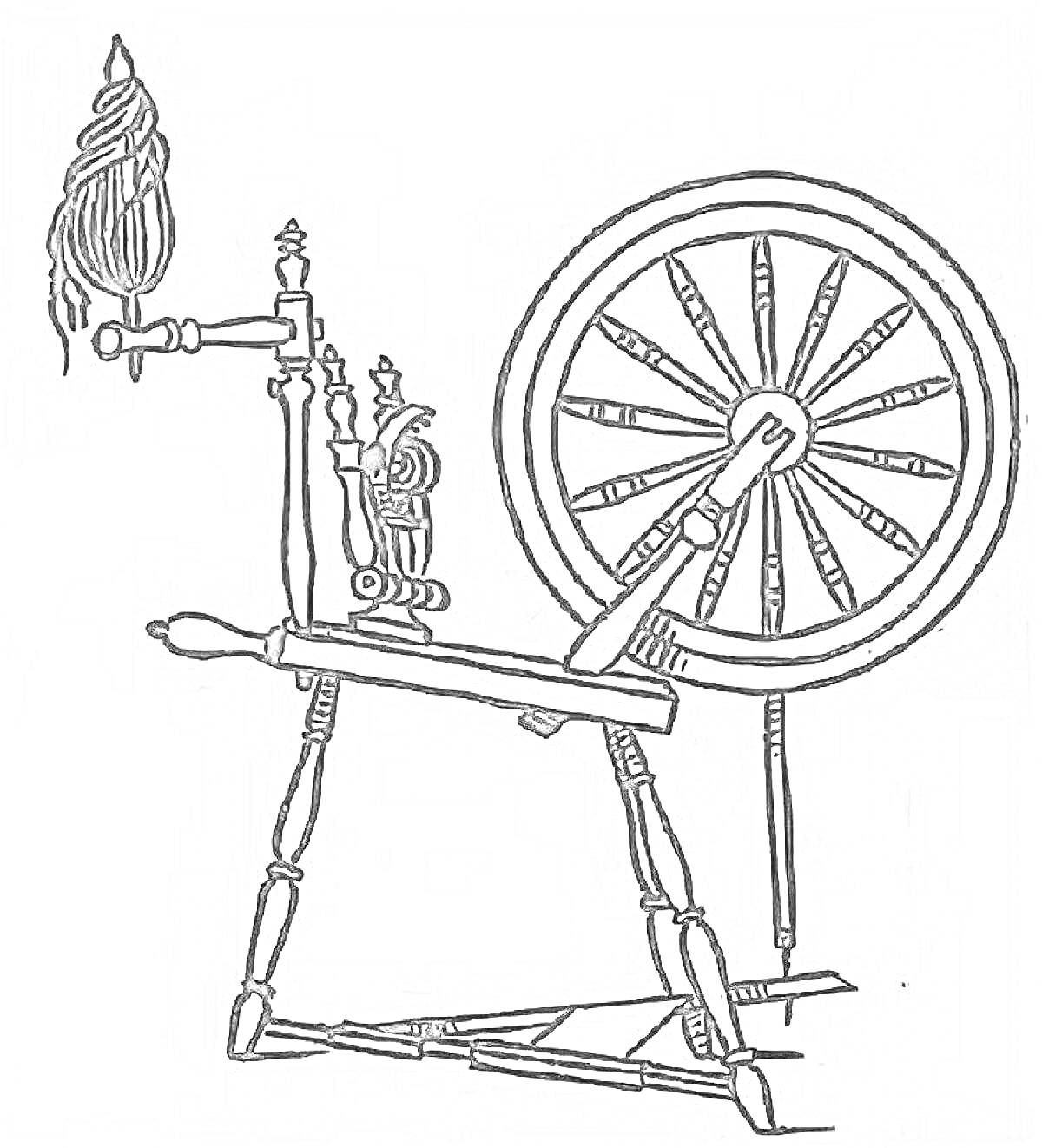 Прялка с прядильным колесом, маховиком, рукоятью и наматываемой пряжей