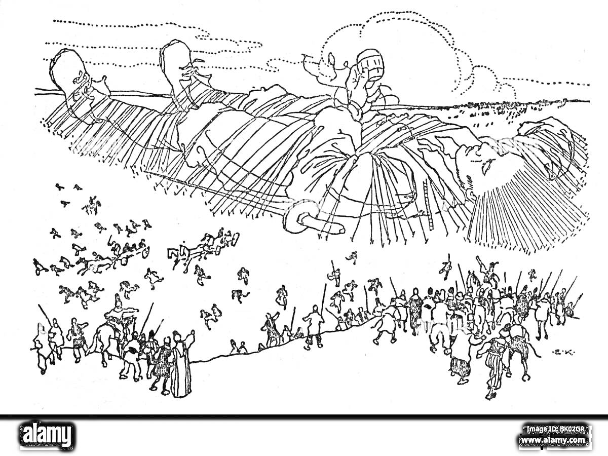 На раскраске изображено: Гулливер, Гигант, Битва, Поле, Природа, Литература