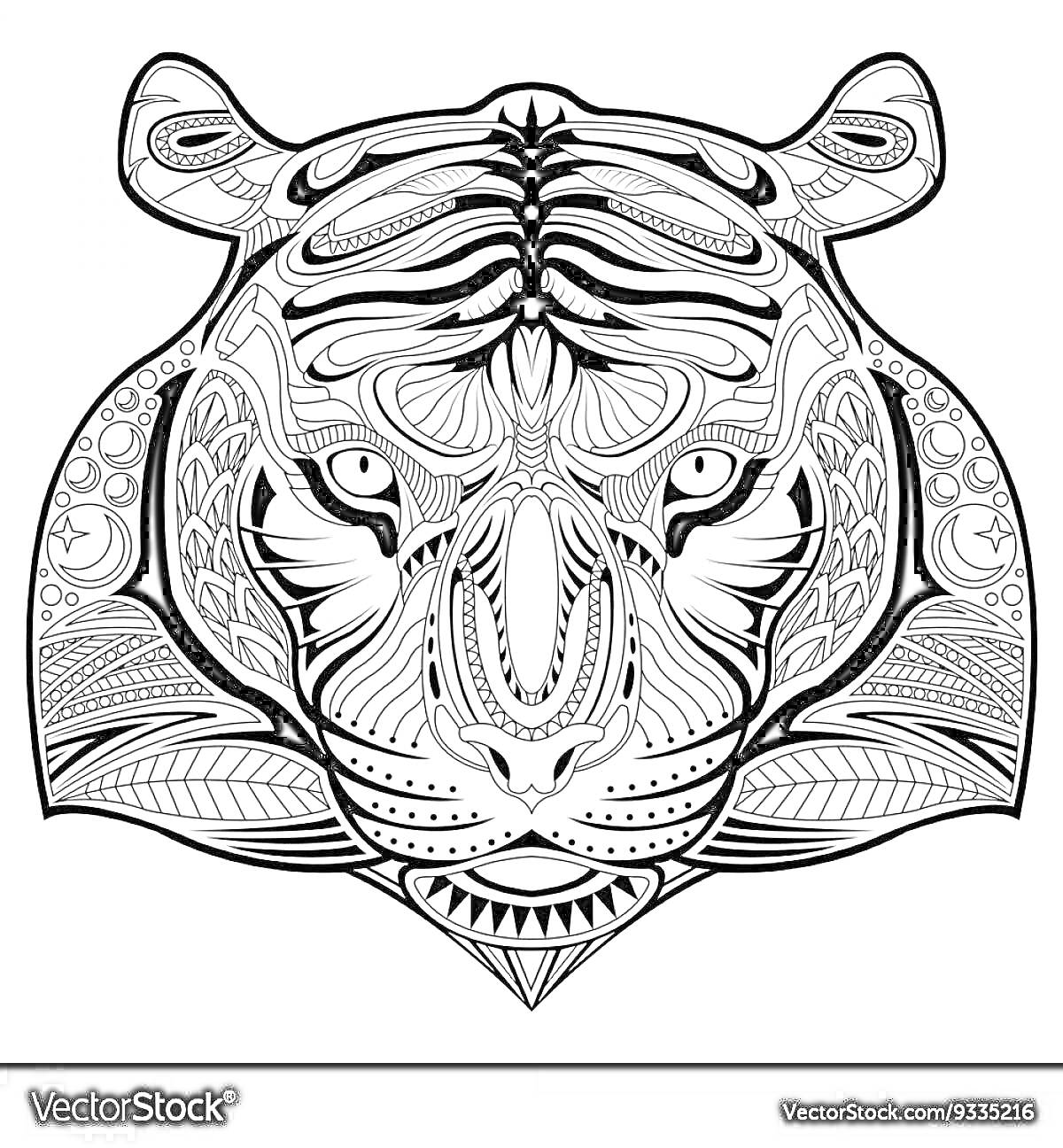Антистресс раскраска с тигренком, узоры в стиле зентангл, голова тигра со сложными орнаментами, линии и завитки