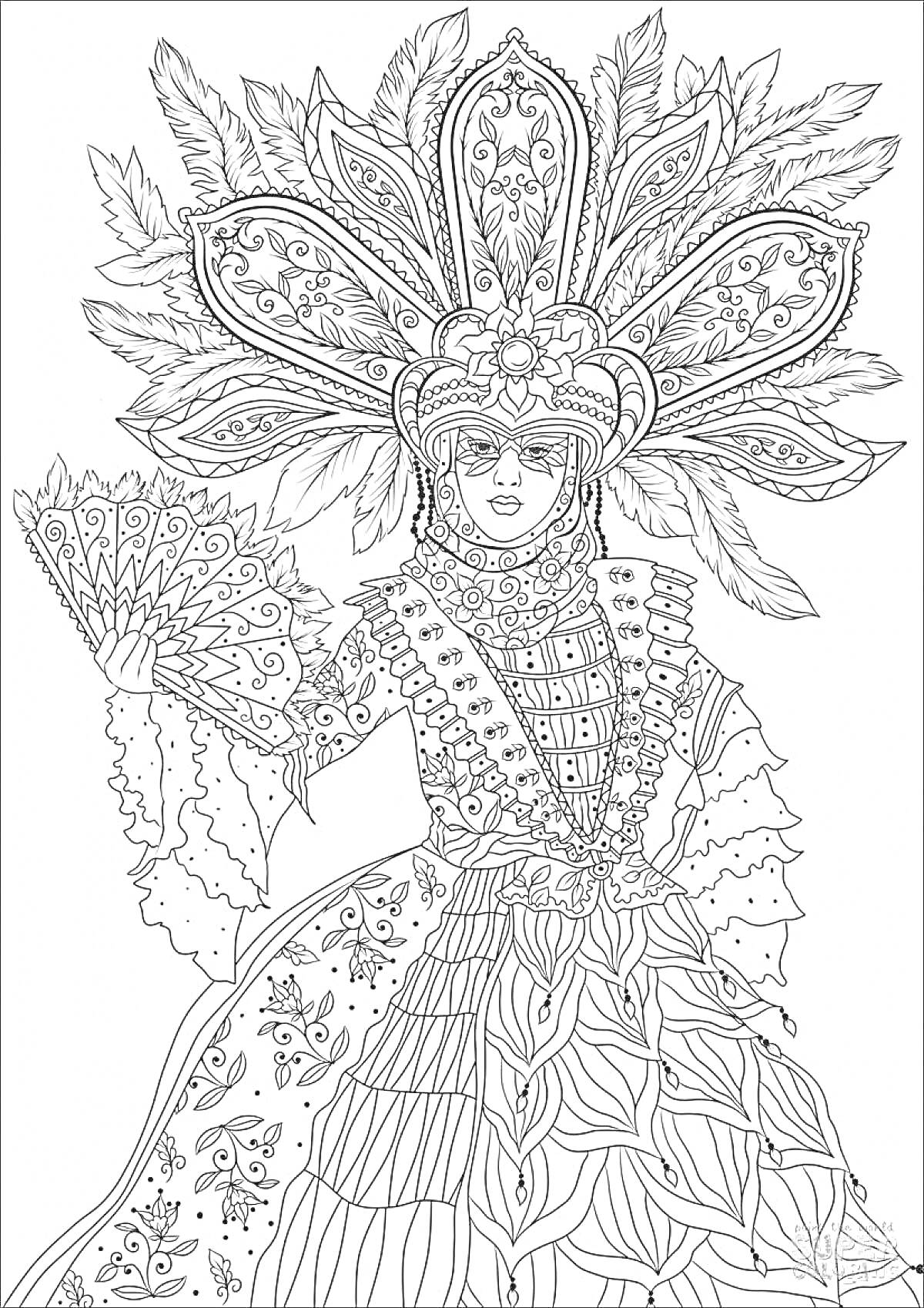 Раскраска Женщина в карнавальном костюме с перьями и веером