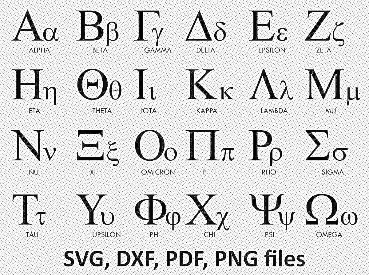 Греческий алфавит: Альфа, Бета, Гамма, Дельта, Эпсилон, Зета, Эта, Тета, Йота, Каппа, Лямбда, Мю, Ню, Кси, Омникрон, Пи, Ро, Сигма, Тау, Упсилон, Фи, Хи, Пси, Омега