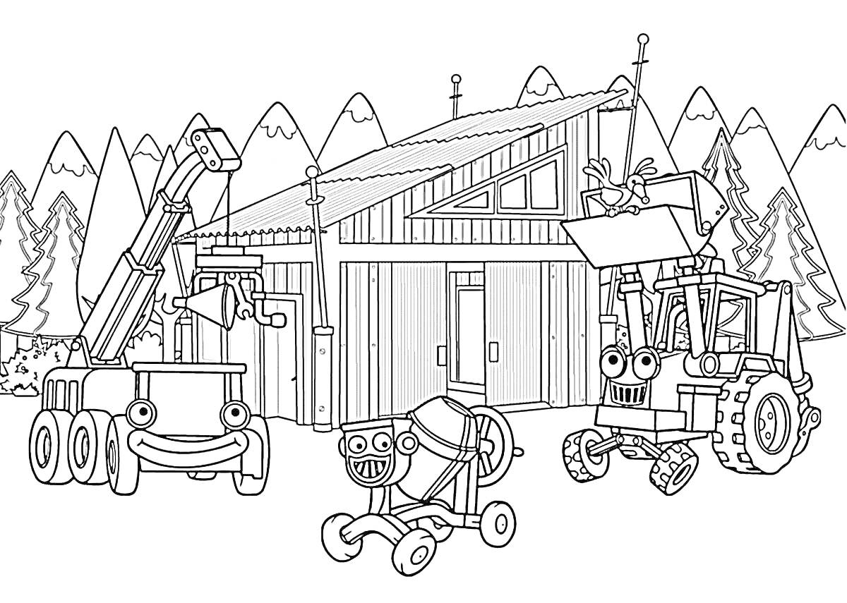 Раскраска Строительный ангар с подъемным краном, бетономешалкой и экскаватором на фоне гор и леса